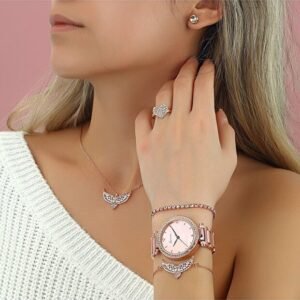 ست جواهرات نقره رز بال فرشته شامل گردنبند، دستبند، گوشواره، انگشتر و ساعت