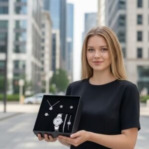 ست هدیه گردنبند، گوشواره، دستبند، انگشتر و ساعت طرح دانه برف سفید - PS1080