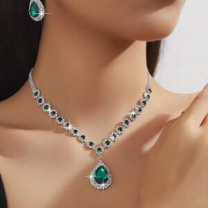 ست ۳ تکه گردنبند، گوشواره و دستبند سبز آبکاری نقره مناسب مهمانی، عروسی، نامزدی و لباس مجلسی